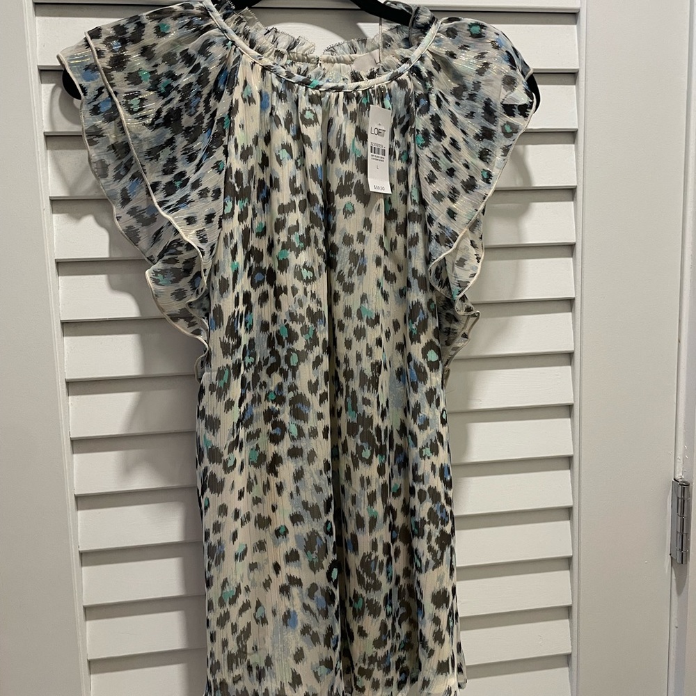 NWT Loft Shimmer Animal Print Ruffle Shell, Large - Picture 4 of 8